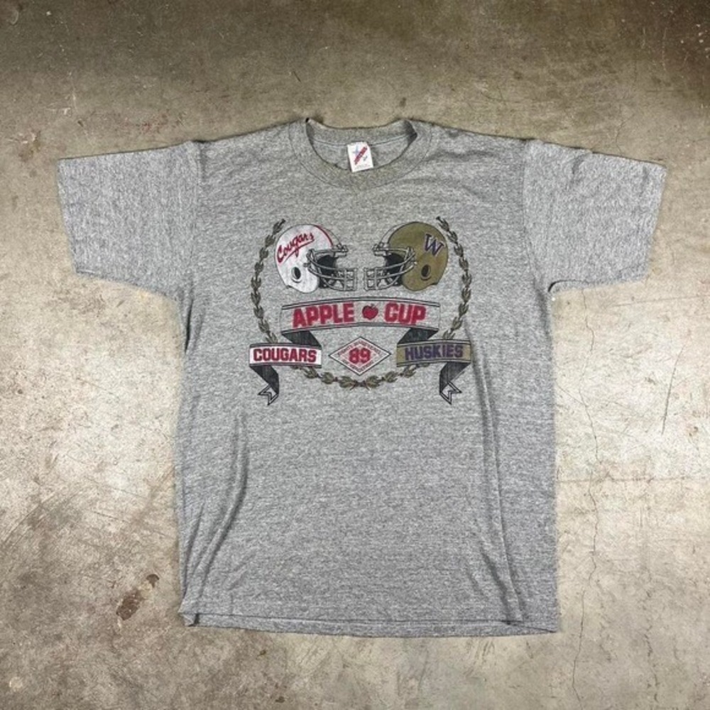 Vintage 1989 Apple Cup T-Shirt Jerzees Single Stitch WSU vs UW Gray Mens L